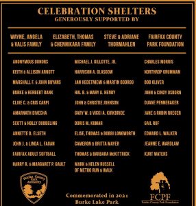 Burke Lake Park Celebration Shelters Plaque 2021.