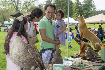Family at Earth Day Fairfax Festival viewing animal exhibit at FCPA's Mobile Nature Center.