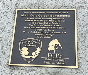 Moon Gate Garden Benefactors listed on stone marker.